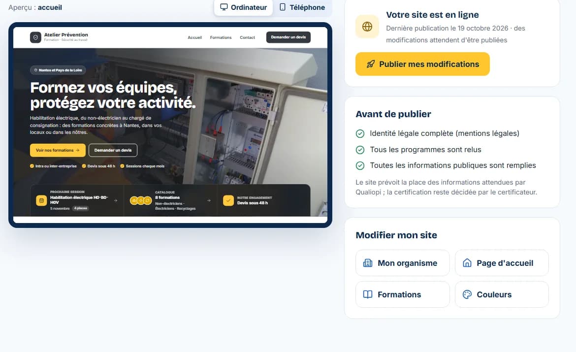 Espace d'édition : aperçu du site, publication et liste de vérifications
